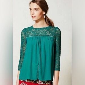 Anthropologie Moulinette Soeurs Green Lace Cloaked Blouse Office Classic Romance